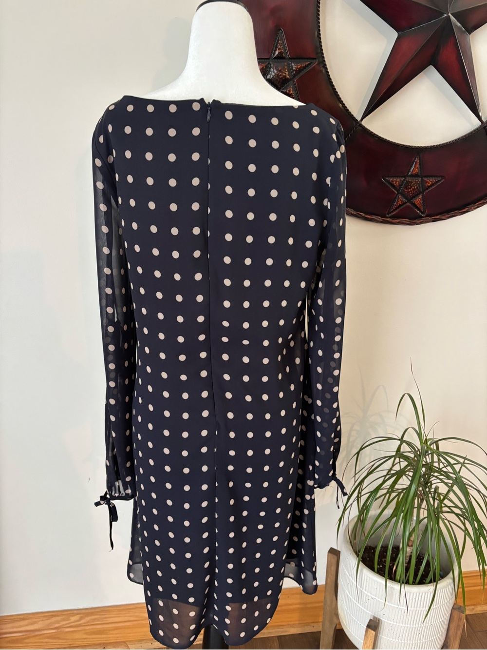 Chaps Polka Dot Feminine Navy Crewneck Dress with Sheer Tie-Up Sleeves Sz 8 - Picture 4 of 7
